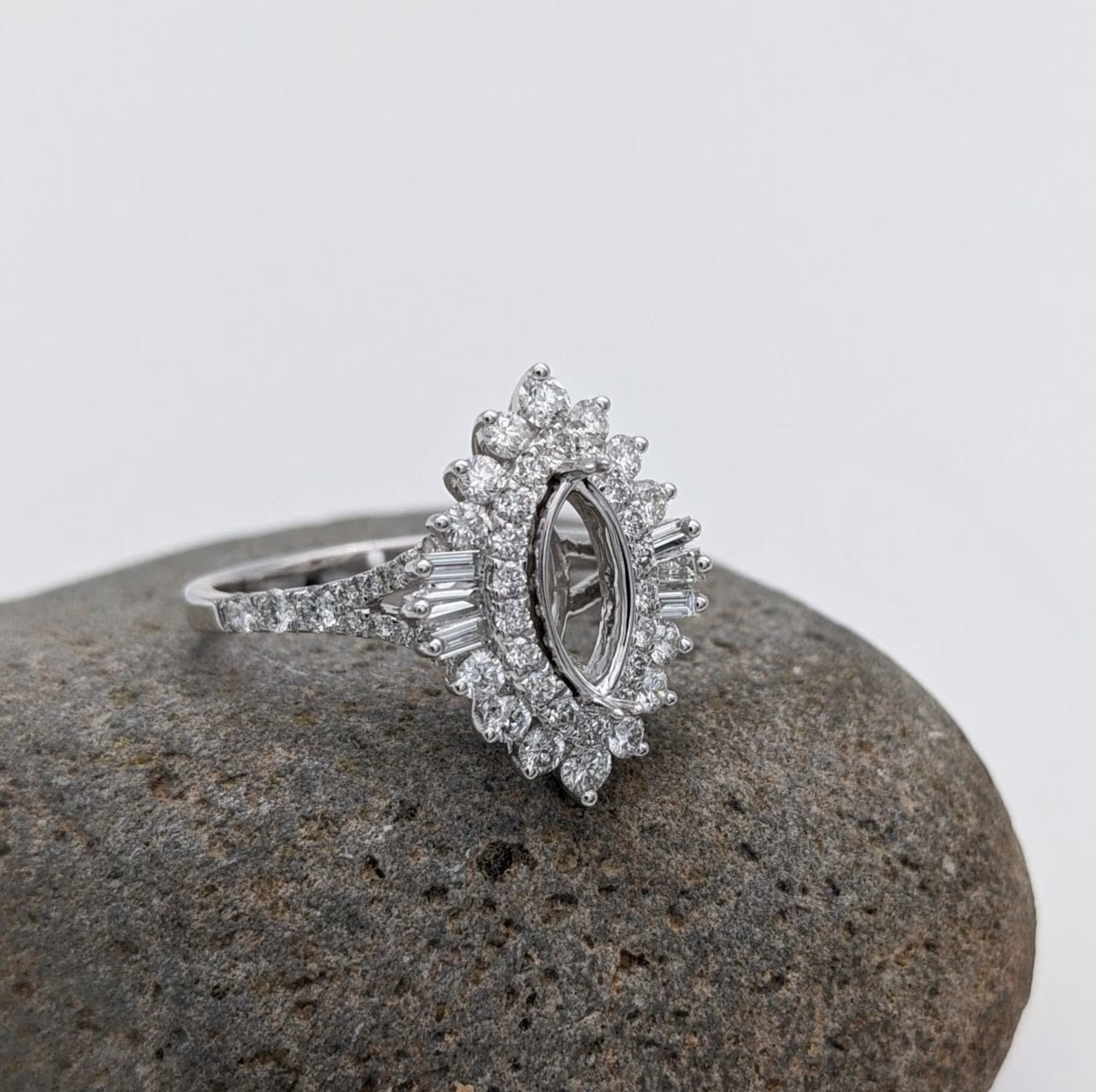 Sunburst Ring Setting w Double Halo Baguette & Round Diamonds in 14k Solid Gold | Marquise