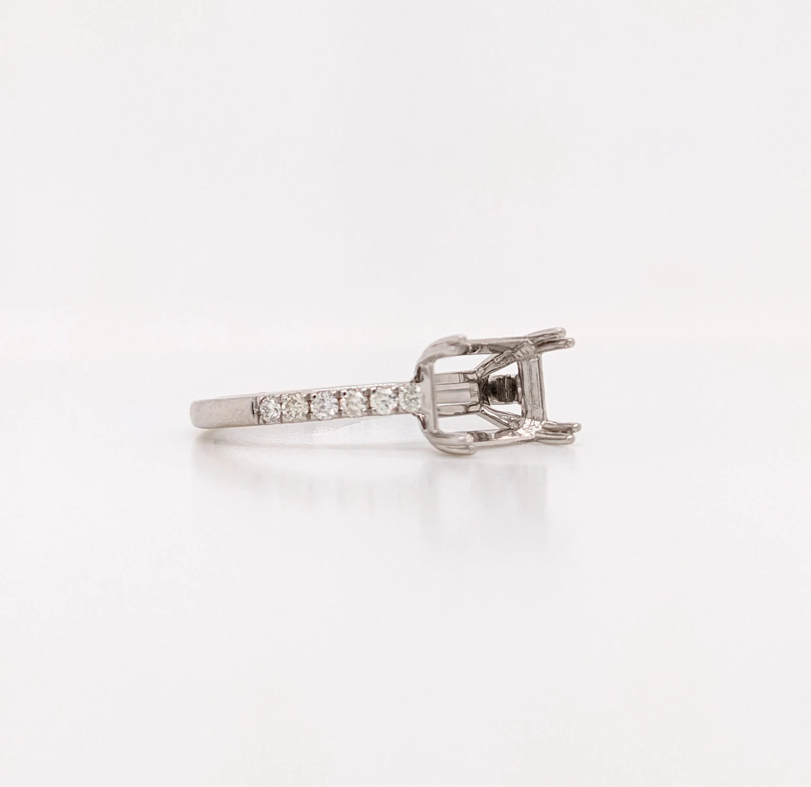 East-West Ring Semi Mount in 14k Solid Gold w Diamond Halo | Pave Shank | Double Prong Setting | Emerald Cut