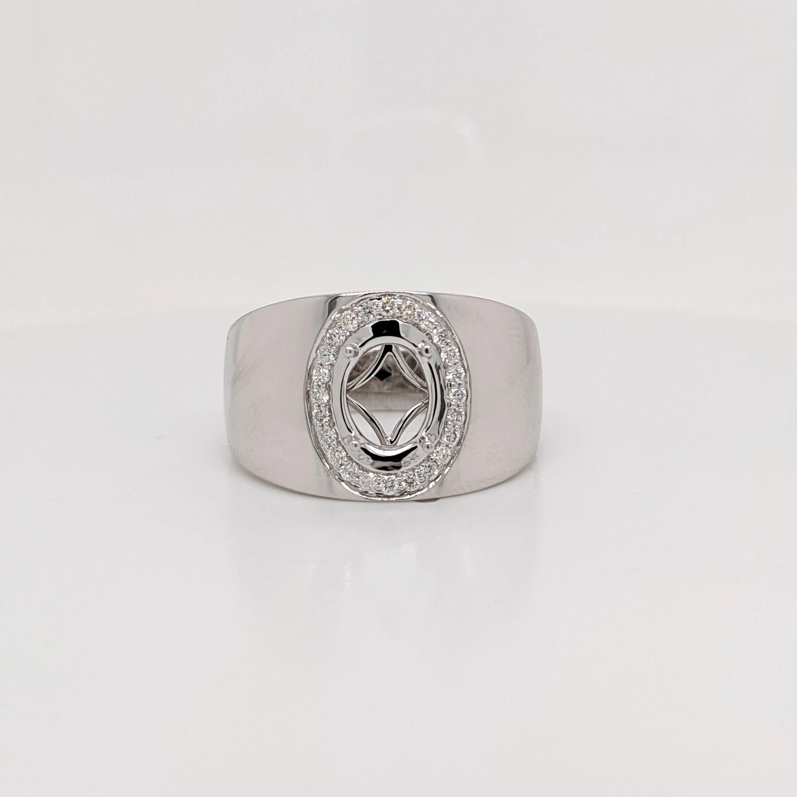 Wide Ring Semi Mount in 14K Solid Gold w Natural Diamond Halo | Oval Cut