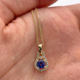 Blue Sapphire Pendant w Earth Mined Diamonds in Solid 14K Yellow Gold Round 4mm