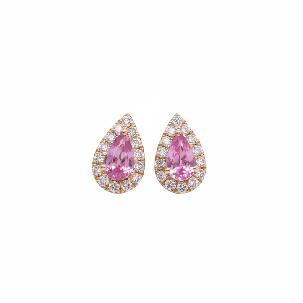 Pink Sapphire Stud Earrings in 14K Yellow Gold | Diamond Halo | Pear Cut | 5x3mm | September Birthstone