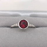 Bezel Set Deep Red Rubelite Ring in 14K White Gold w Natural Diamond Accents
