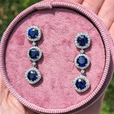Seraphine – Elegant Sapphire Dangle Earrings in Solid 14K White Gold with a Diamond Halo | Round 6mm | September Birthstone Anniversary & Birthday Gift