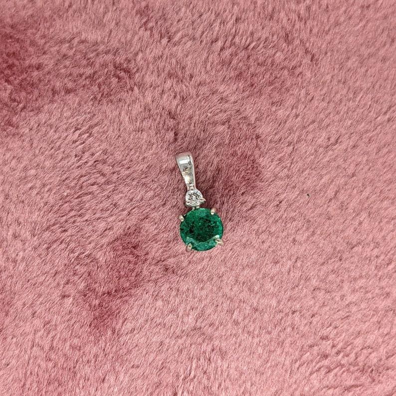 Emerald Pendant w an Earth Mined Diamond in Solid 14K White Gold Round 4mm