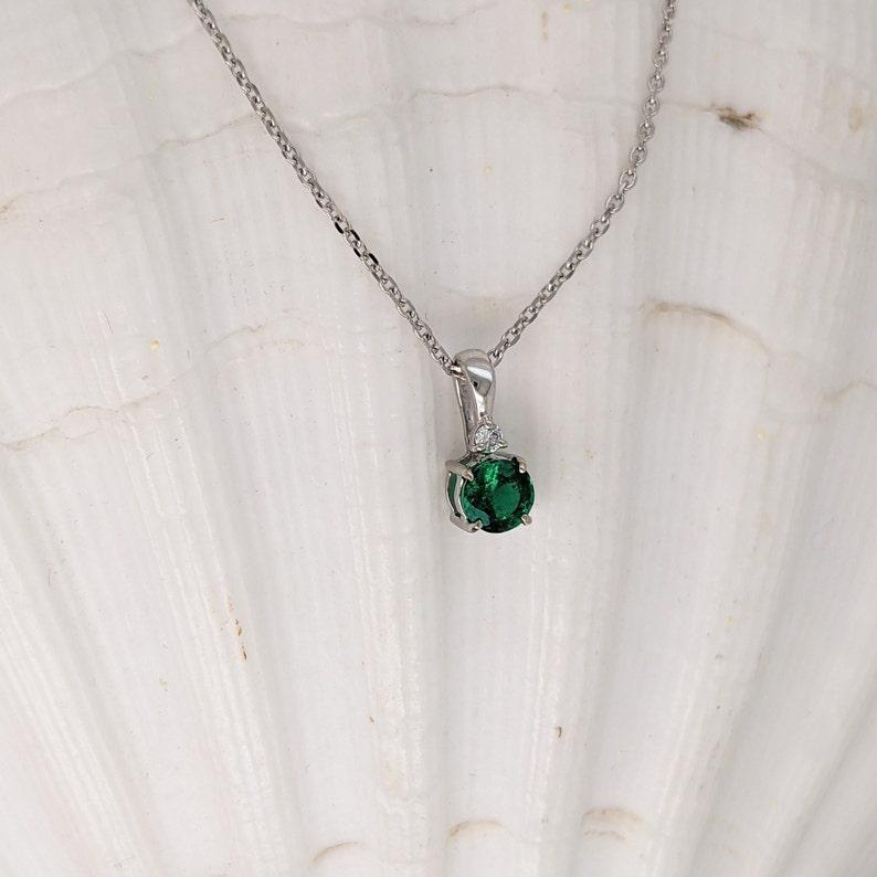 Emerald Pendant w an Earth Mined Diamond in Solid 14K White Gold Round 4mm