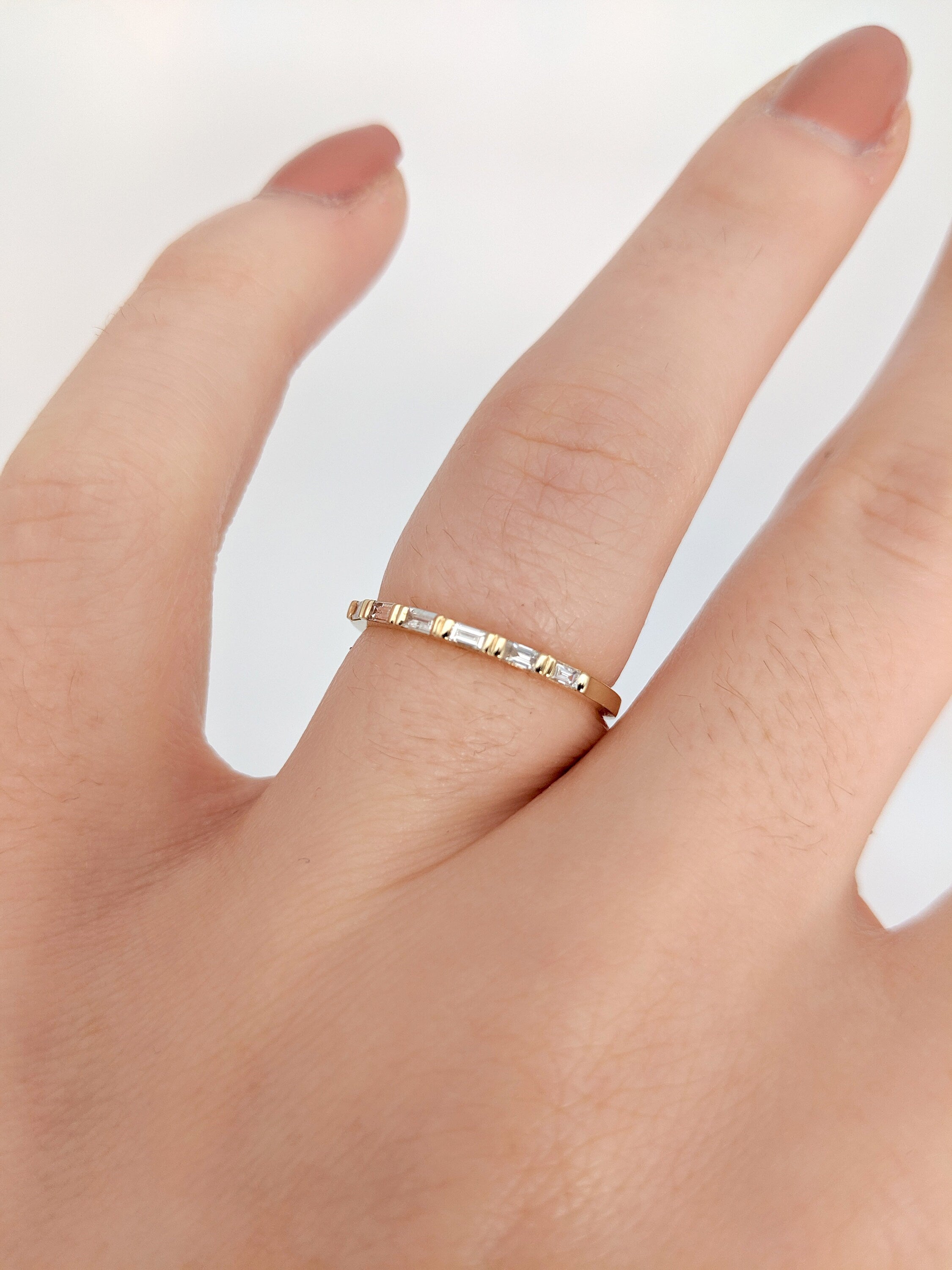 Wedding Bands-Dainty Baguette Diamond Wedding Band in 14K Solid Yellow, White or Rose Gold | Stackable Band | Promise Band | April Birthstone | Sizable - NNJGemstones