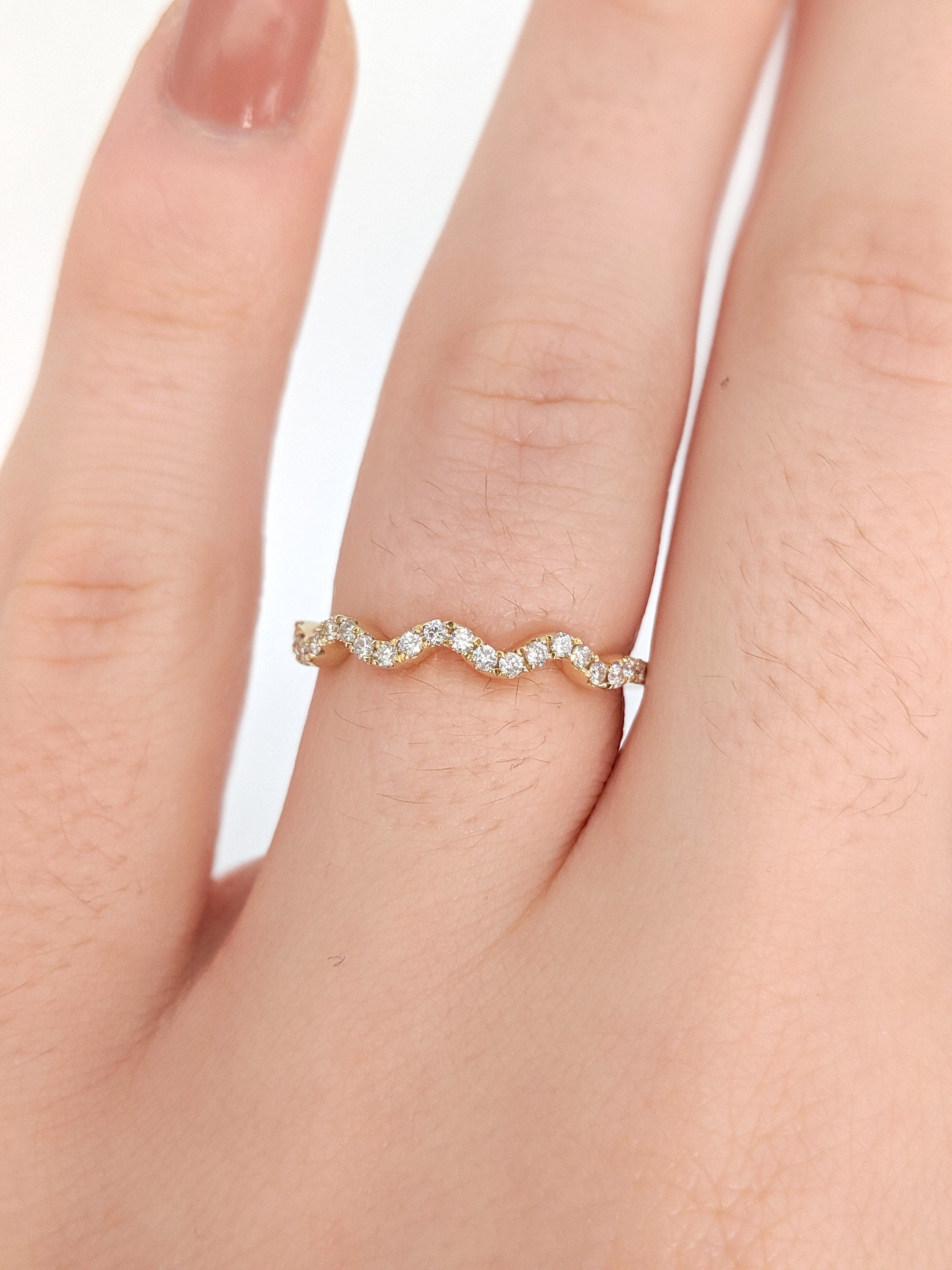 Wedding Bands-Dainty Pave Diamond Band in Solid 14K White, Yellow, Rose Gold | Stackable band | Wedding Band | Ripple Wave Design | Promise Band | Sizable - NNJGemstones