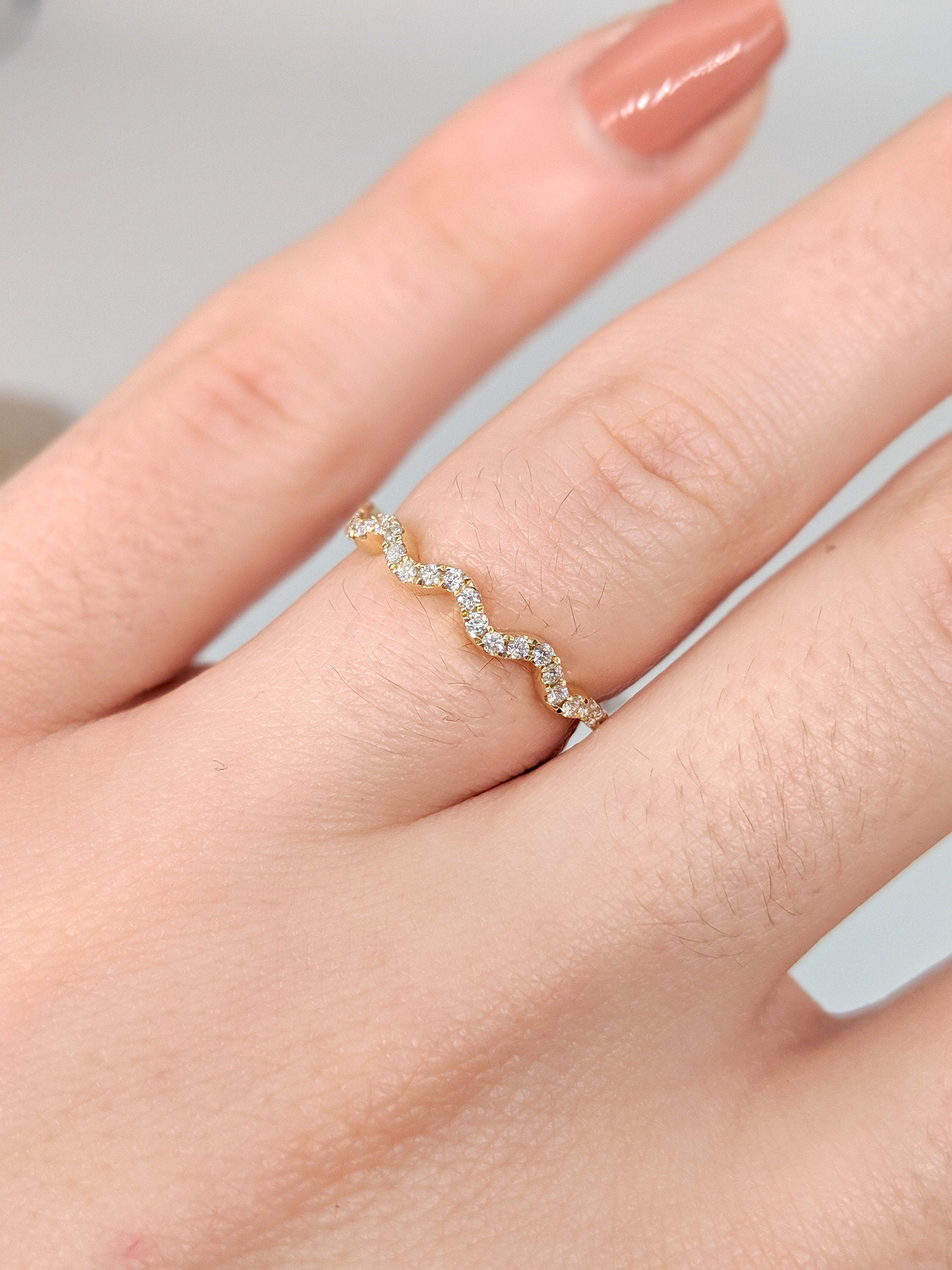 Wedding Bands-Dainty Pave Diamond Band in Solid 14K White, Yellow, Rose Gold | Stackable band | Wedding Band | Ripple Wave Design | Promise Band | Sizable - NNJGemstones