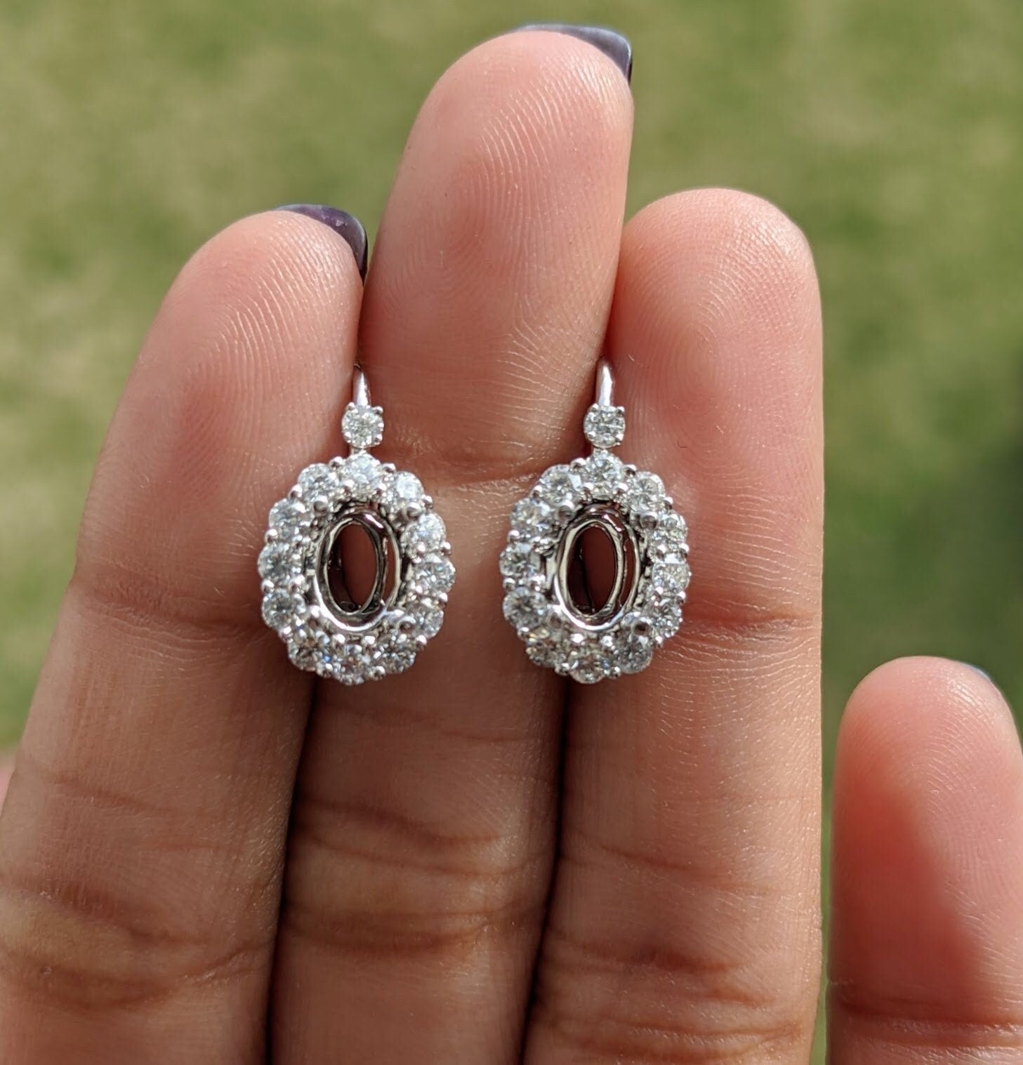 Dangle & Drop Earrings-Dazzling Dangle Earrings Semi Mount 14k Solid Gold With Diamond Halo | Oval Shape 7x5mm |Secure Latch Back | Gemstone Setting | Customizable - NNJGemstones