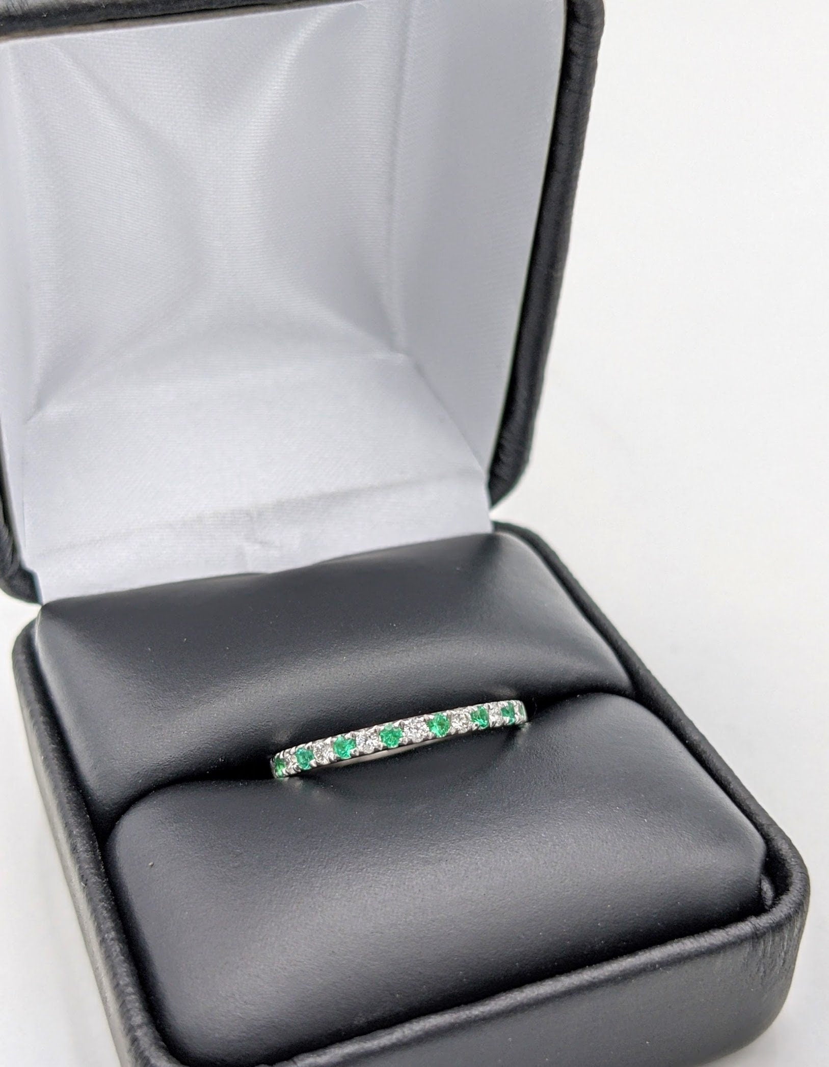 Wedding Bands-Vibrant Emerald and Diamond Band in 14K White, Yellow or Rose Solid Gold | Straight Stackable Wedding Band | May Birthstone | Sizable - NNJGemstones