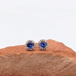 Stud Earrings-AAA Tanzanite Studs with Natural Diamond Halo in 14K Solid Gold | Round 5mm | December Birthstone | Daily Wear Earrings | Blue Studs - NNJGemstones