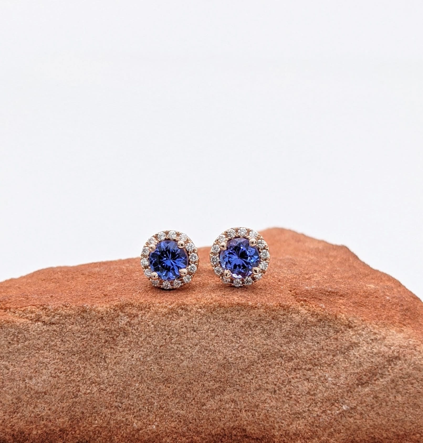 Stud Earrings-AAA Tanzanite Studs with Natural Diamond Halo in 14K Solid Gold | Round 5mm | December Birthstone | Daily Wear Earrings | Blue Studs - NNJGemstones