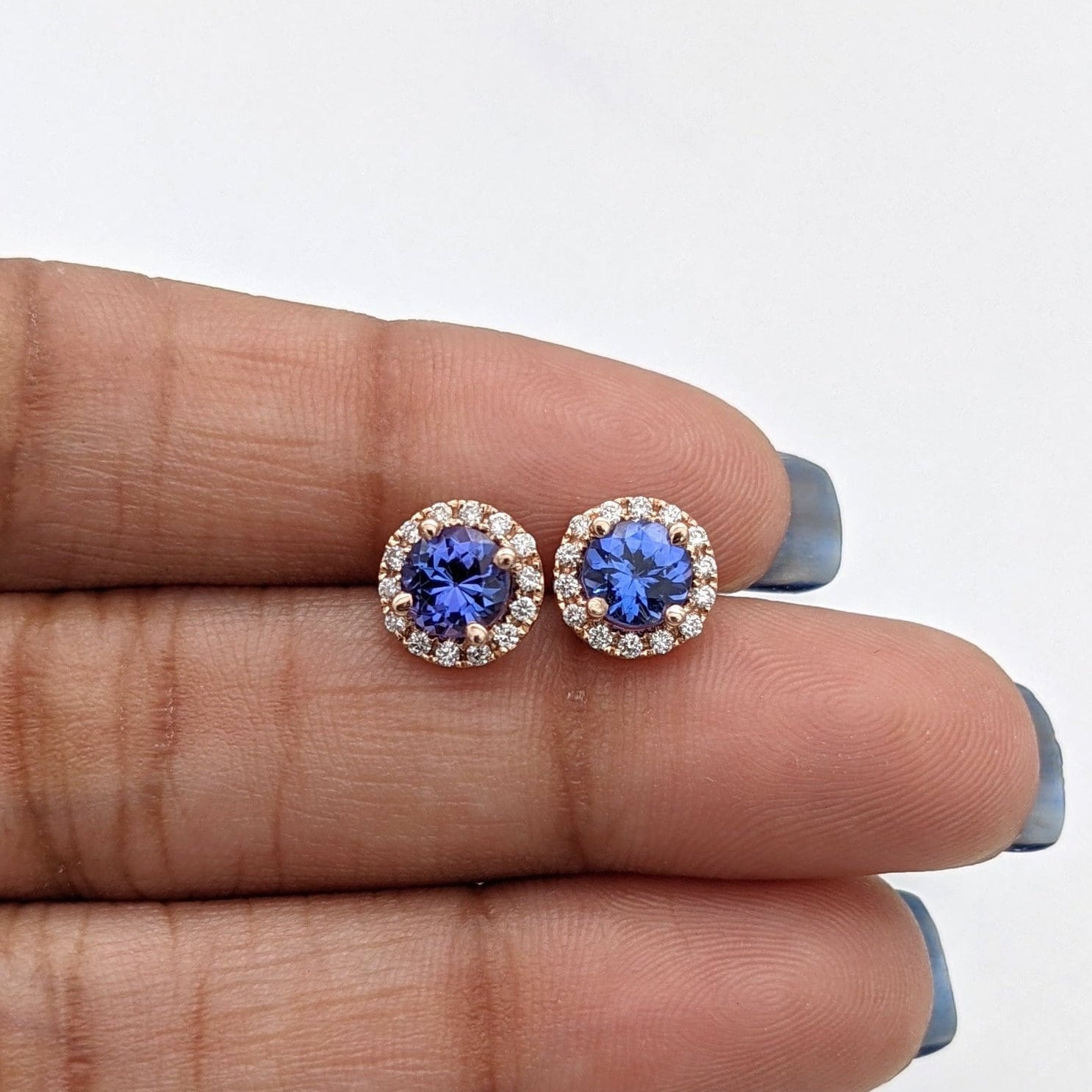 Stud Earrings-AAA Tanzanite Studs with Natural Diamond Halo in 14K Solid Gold | Round 5mm | December Birthstone | Daily Wear Earrings | Blue Studs - NNJGemstones