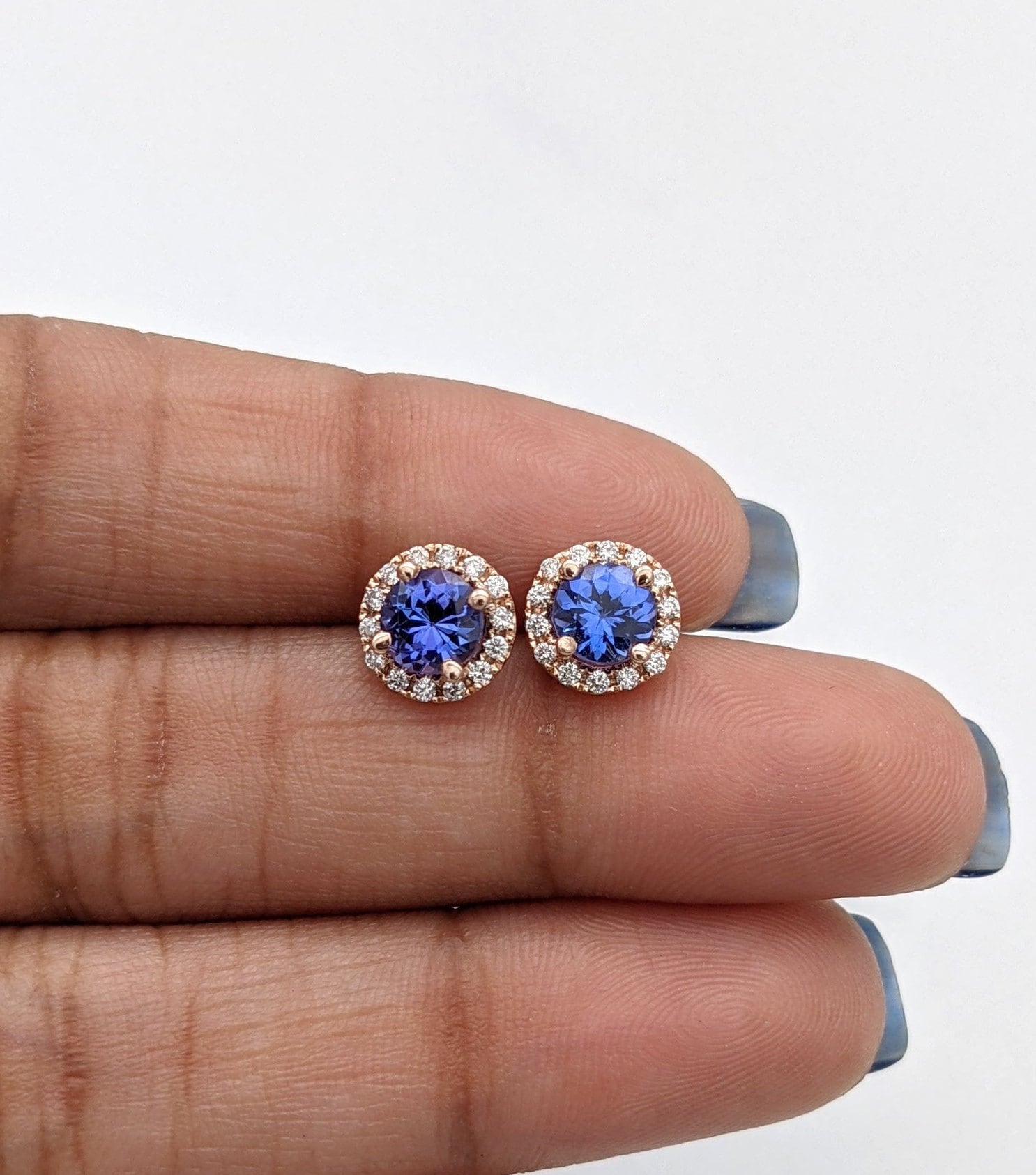 Stud Earrings-AAA Tanzanite Studs with Natural Diamond Halo in 14K Solid Gold | Round 5mm | December Birthstone | Daily Wear Earrings | Blue Studs - NNJGemstones