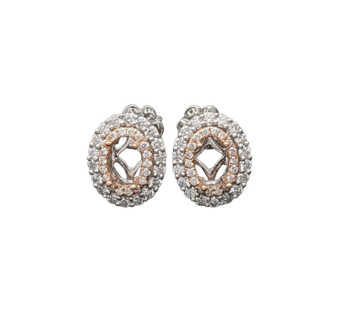 Stud Earrings-Double Halo Diamond Stud Earrings in Solid 14k Dual Tone Gold | Oval Shape 6x4mm | Natural Earth Mined Diamonds | Gemstone Setting | Custom - NNJGemstones