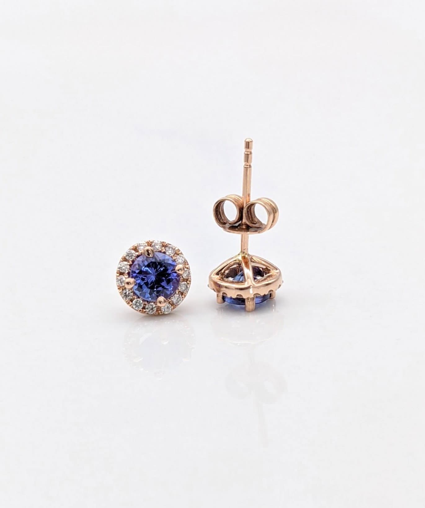 Stud Earrings-AAA Tanzanite Studs with Natural Diamond Halo in 14K Solid Gold | Round 5mm | December Birthstone | Daily Wear Earrings | Blue Studs - NNJGemstones