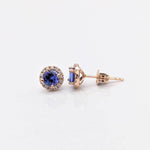 Stud Earrings-AAA Tanzanite Studs with Natural Diamond Halo in 14K Solid Gold | Round 5mm | December Birthstone | Daily Wear Earrings | Blue Studs - NNJGemstones