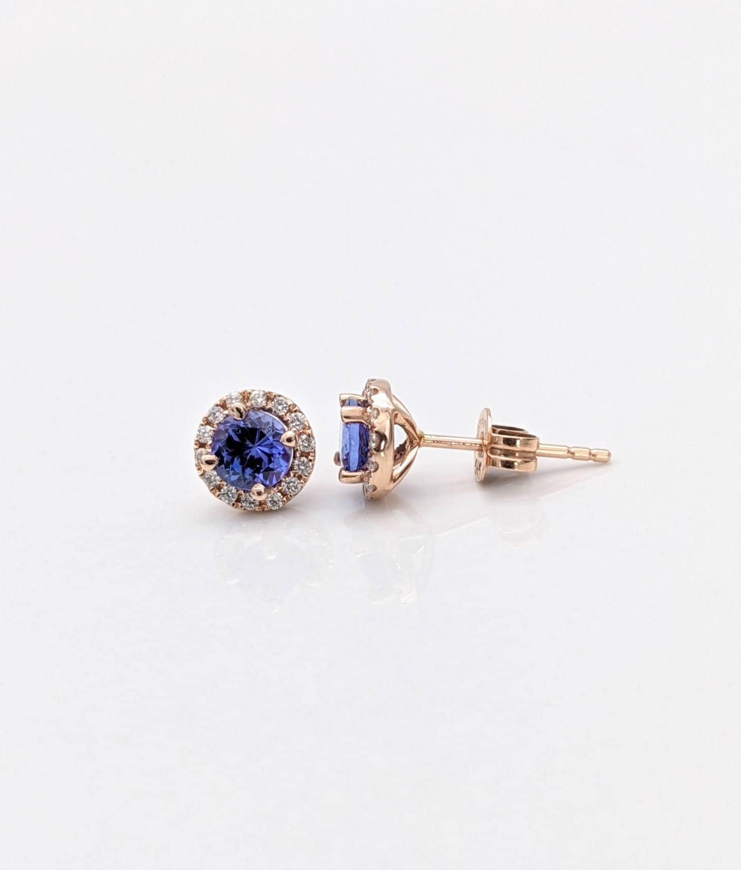 Stud Earrings-AAA Tanzanite Studs with Natural Diamond Halo in 14K Solid Gold | Round 5mm | December Birthstone | Daily Wear Earrings | Blue Studs - NNJGemstones