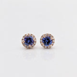 Stud Earrings-AAA Tanzanite Studs with Natural Diamond Halo in 14K Solid Gold | Round 5mm | December Birthstone | Daily Wear Earrings | Blue Studs - NNJGemstones