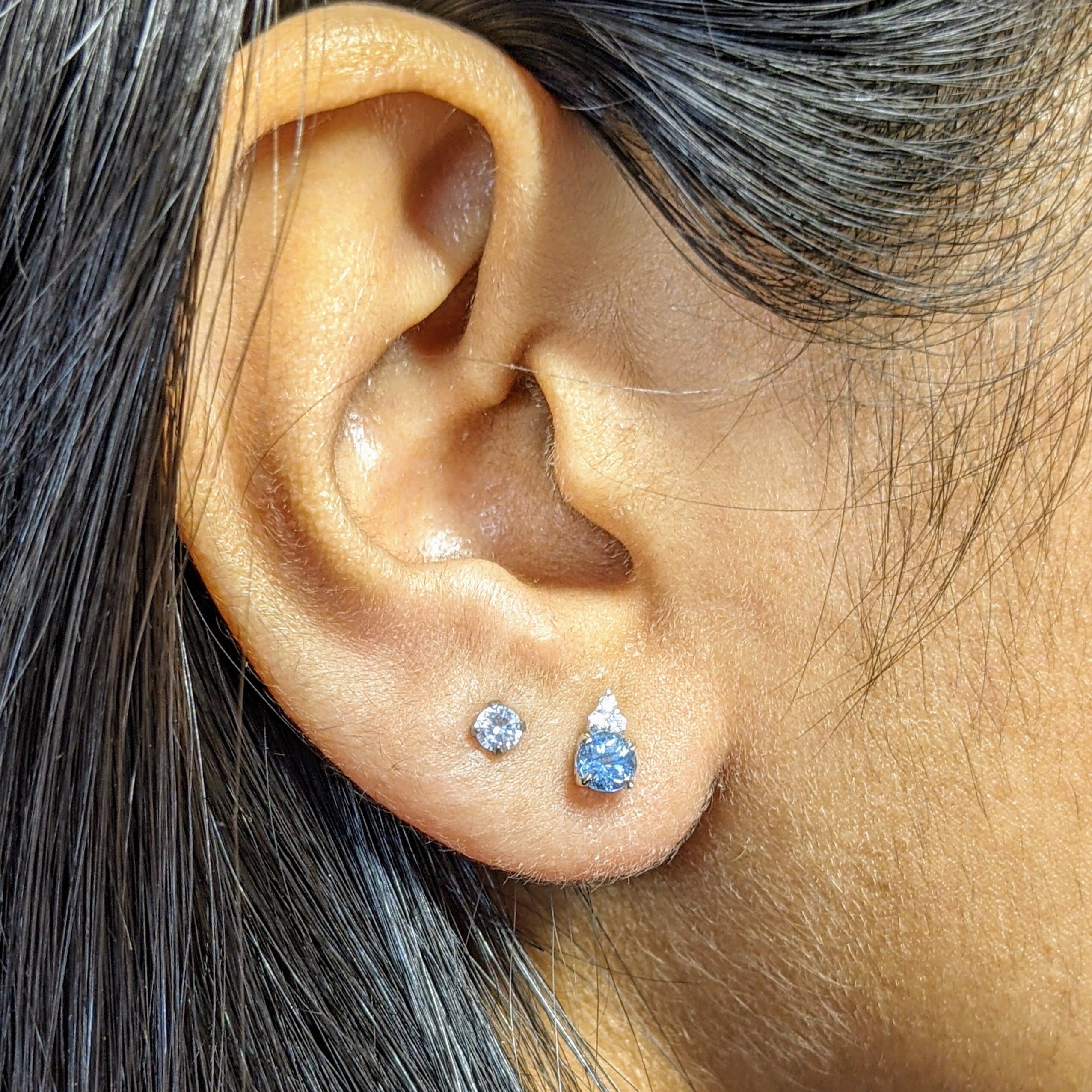 Stud Earrings-Round Stud Earring Semi-Mount Accented with 3 Diamonds with Secure Push Back in 4mm, 5mm, 6mm, 7mm in 14k Solid White, Rose, or Yellow Gold - NNJGemstones