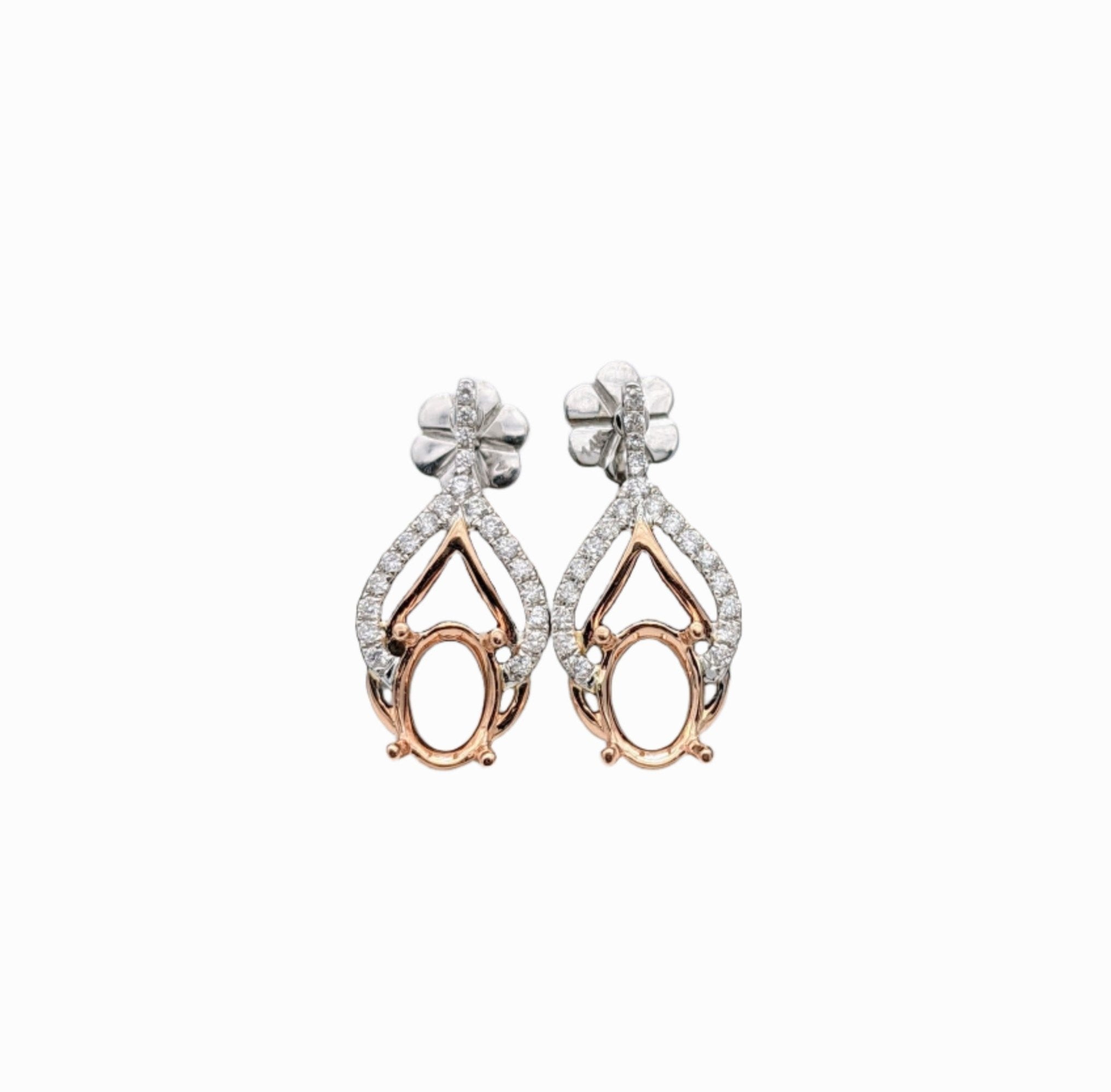 Dangle & Drop Earrings-Diamond Drop Earring Semi-Mount Dual Tone with Secure Push Back in 14k White, Rose, or Yellow Gold | Oval Shape 7x5mm | Customizable - NNJGemstones