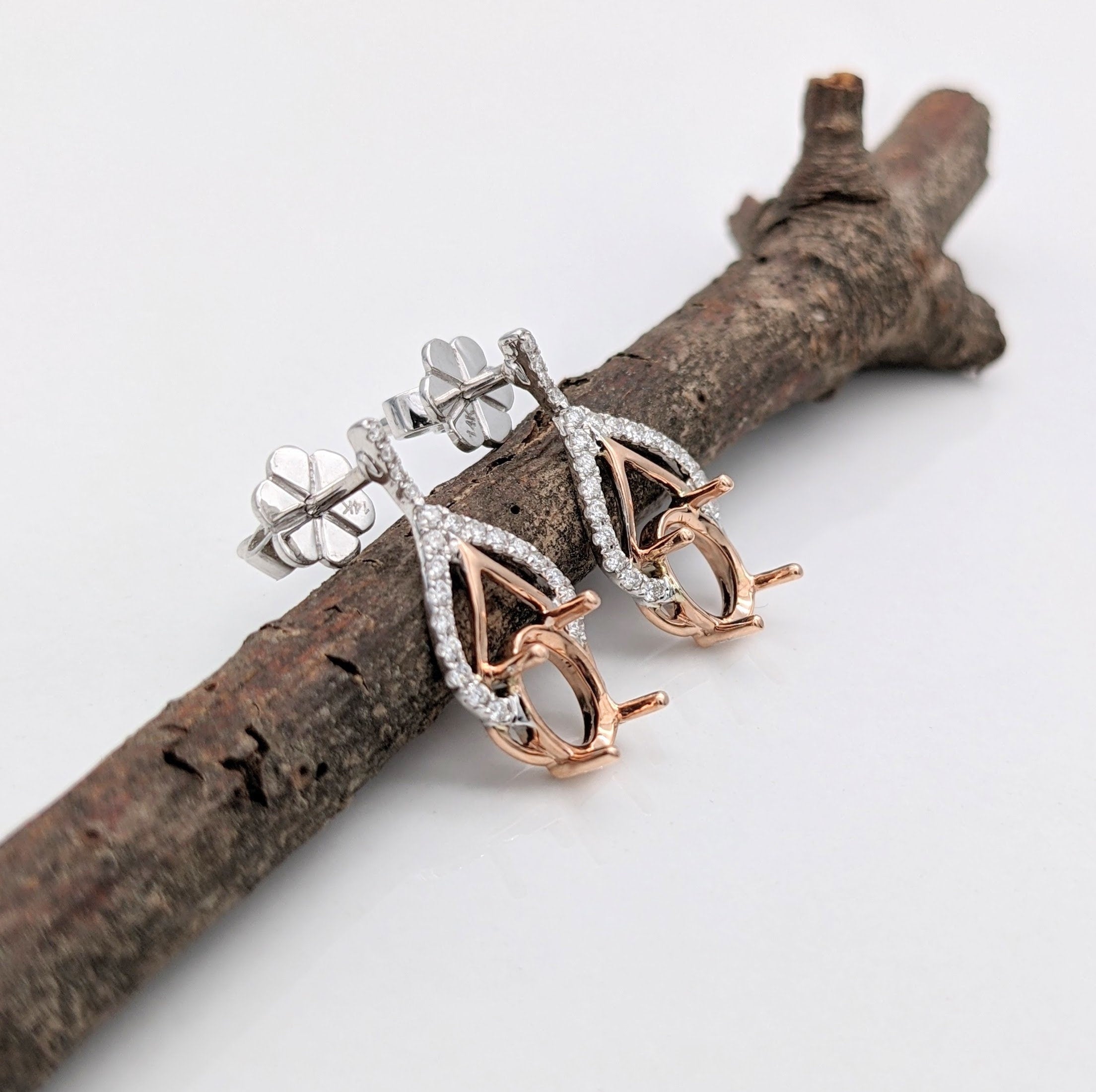 Dangle & Drop Earrings-Diamond Drop Earring Semi-Mount Dual Tone with Secure Push Back in 14k White, Rose, or Yellow Gold | Oval Shape 7x5mm | Customizable - NNJGemstones