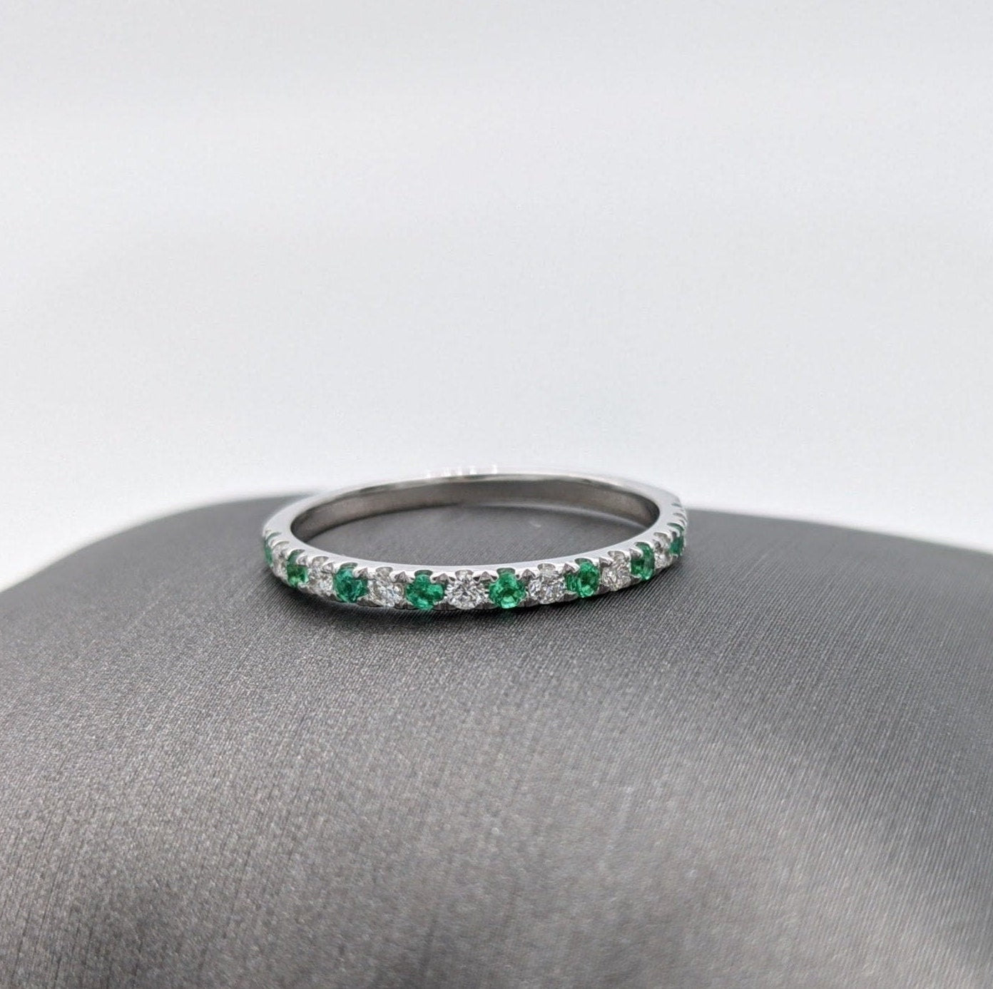 Wedding Bands-Vibrant Emerald and Diamond Band in 14K White, Yellow or Rose Solid Gold | Straight Stackable Wedding Band | May Birthstone | Sizable - NNJGemstones