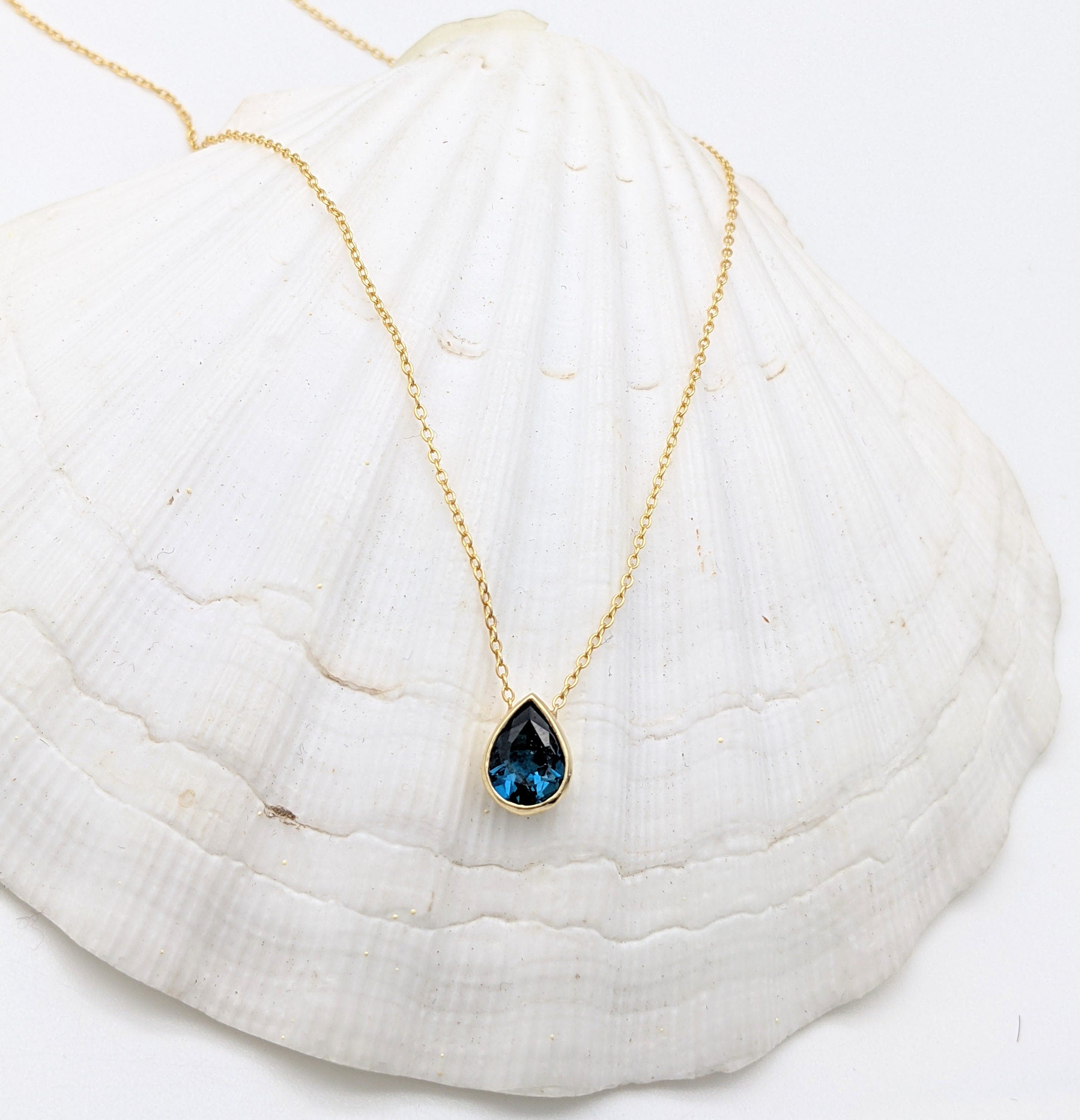 Pendants-London Blue Topaz Bezel Set Necklace in 14k Yellow Gold | Pear 9x7mm | Minimalist | Dainty Pendant | December Birthstone | Ready to Ship! - NNJGemstones