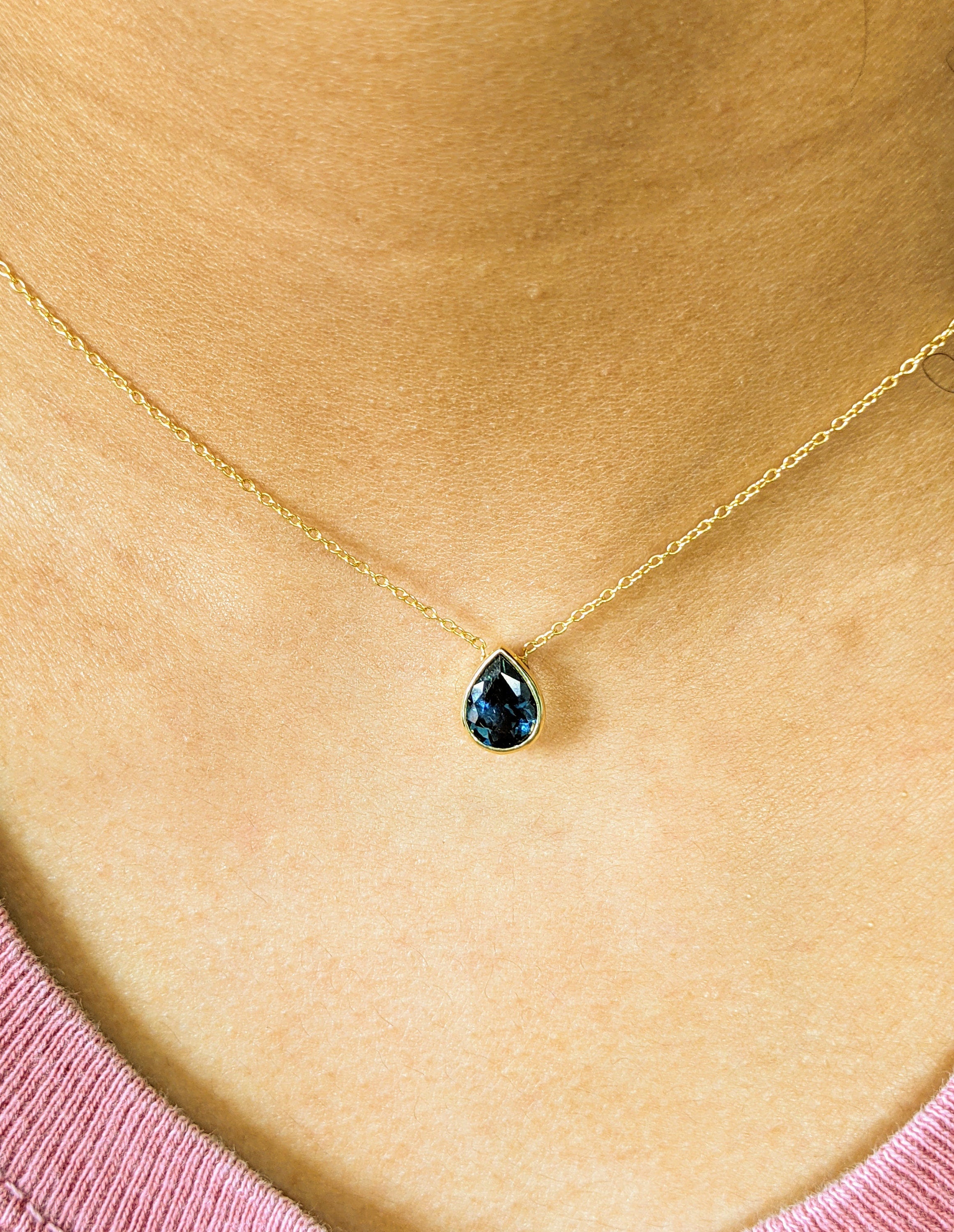 Pendants-London Blue Topaz Bezel Set Necklace in 14k Yellow Gold | Pear 9x7mm | Minimalist | Dainty Pendant | December Birthstone | Ready to Ship! - NNJGemstones