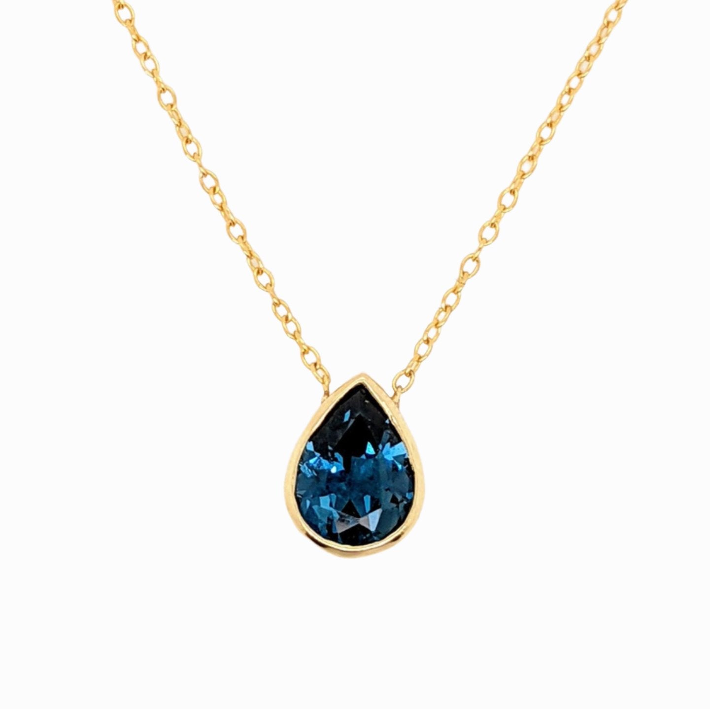 Pendants-London Blue Topaz Bezel Set Necklace in 14k Yellow Gold | Pear 9x7mm | Minimalist | Dainty Pendant | December Birthstone | Ready to Ship! - NNJGemstones