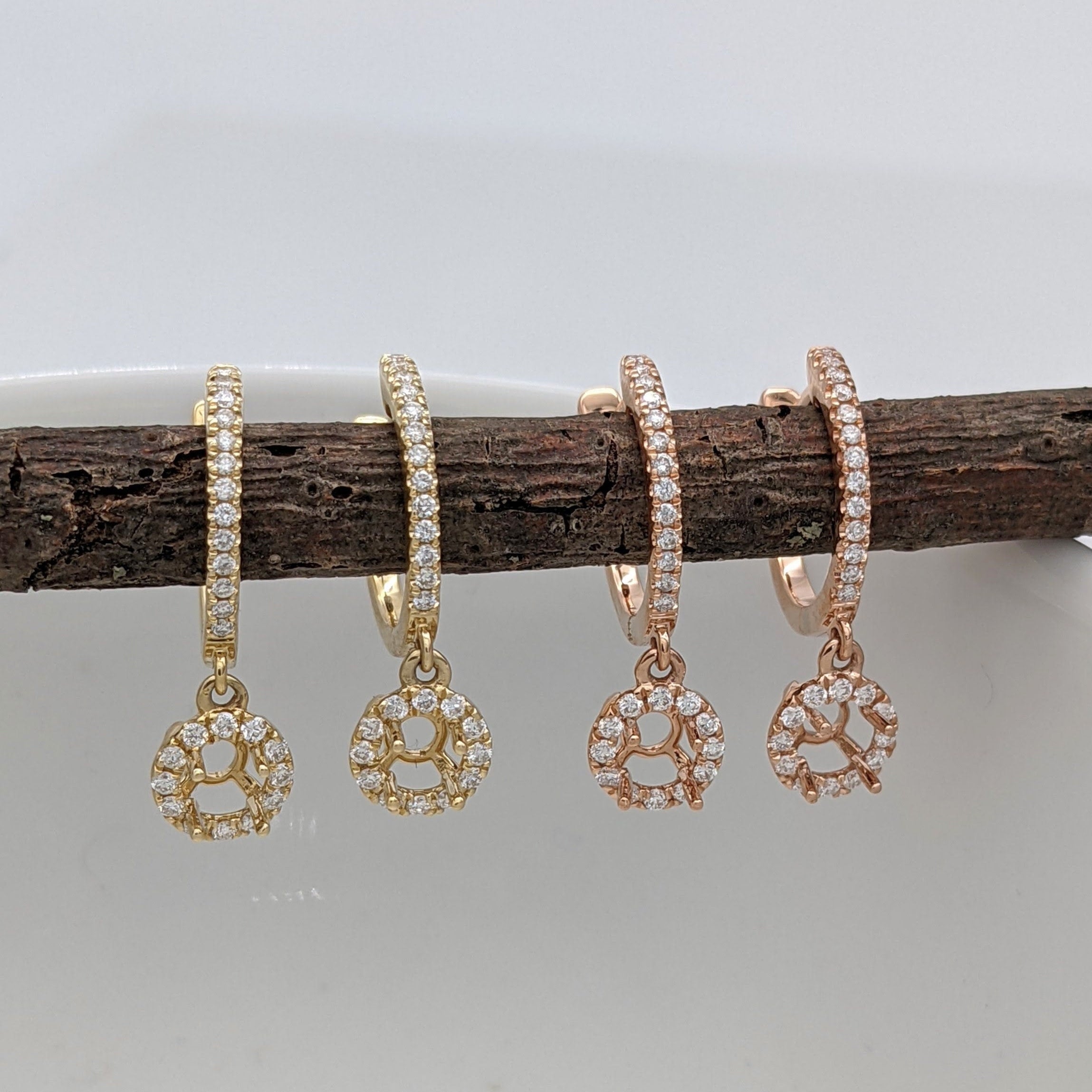 Dangle & Drop Earrings-Halo Dangle Semi Mount Earrings w Round Natural Diamond Accents in Solid 14k Gold | Round 4mm | Drop Gem Earrings | Customizable - NNJGemstones
