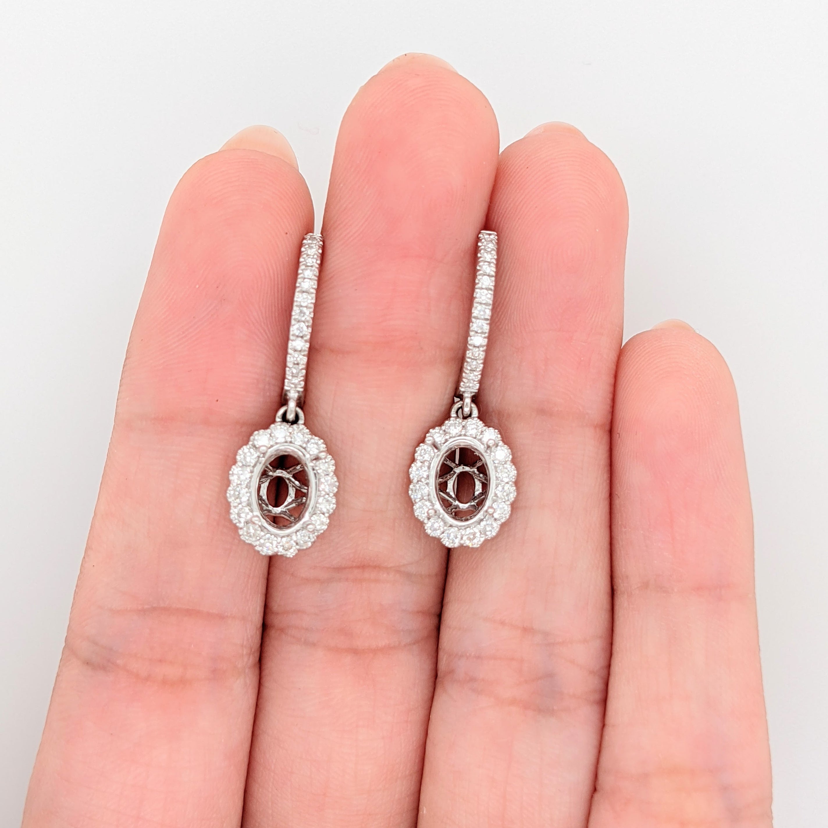 Dangle & Drop Earrings-Dangle Earrings Semi-Mount in 14k Solid White, Rose, or Yellow Gold With Diamond Halo, Secure Latch Back | Oval 7x5mm 7.5x5.5mm 8x6mm - NNJGemstones