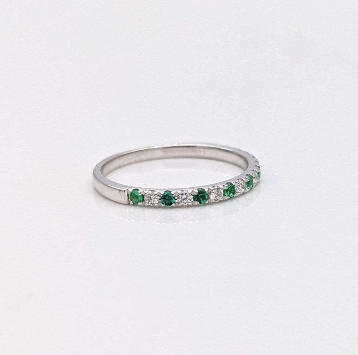 Wedding Bands-Vibrant Emerald and Diamond Band in 14K White, Yellow or Rose Solid Gold | Straight Stackable Wedding Band | May Birthstone | Sizable - NNJGemstones