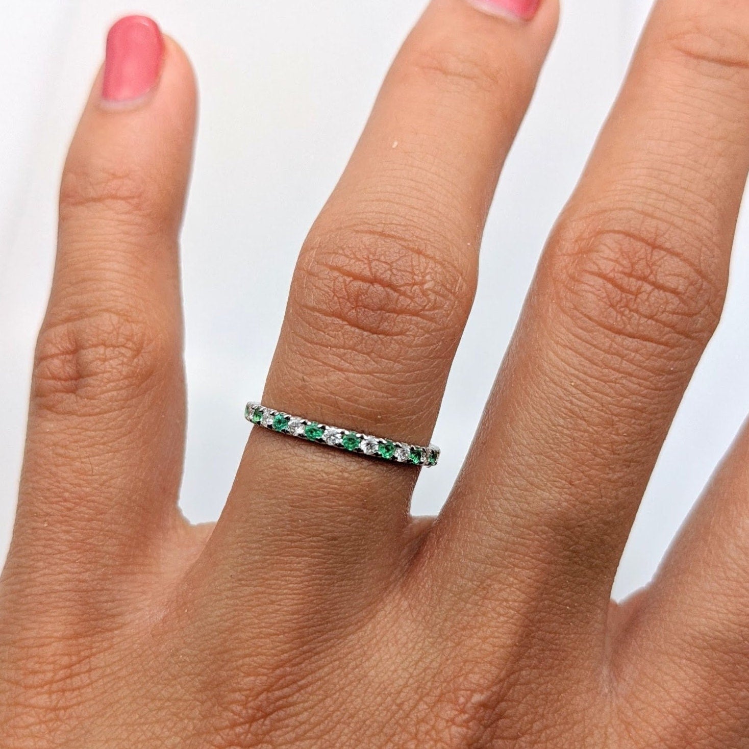 Wedding Bands-Vibrant Emerald and Diamond Band in 14K White, Yellow or Rose Solid Gold | Straight Stackable Wedding Band | May Birthstone | Sizable - NNJGemstones