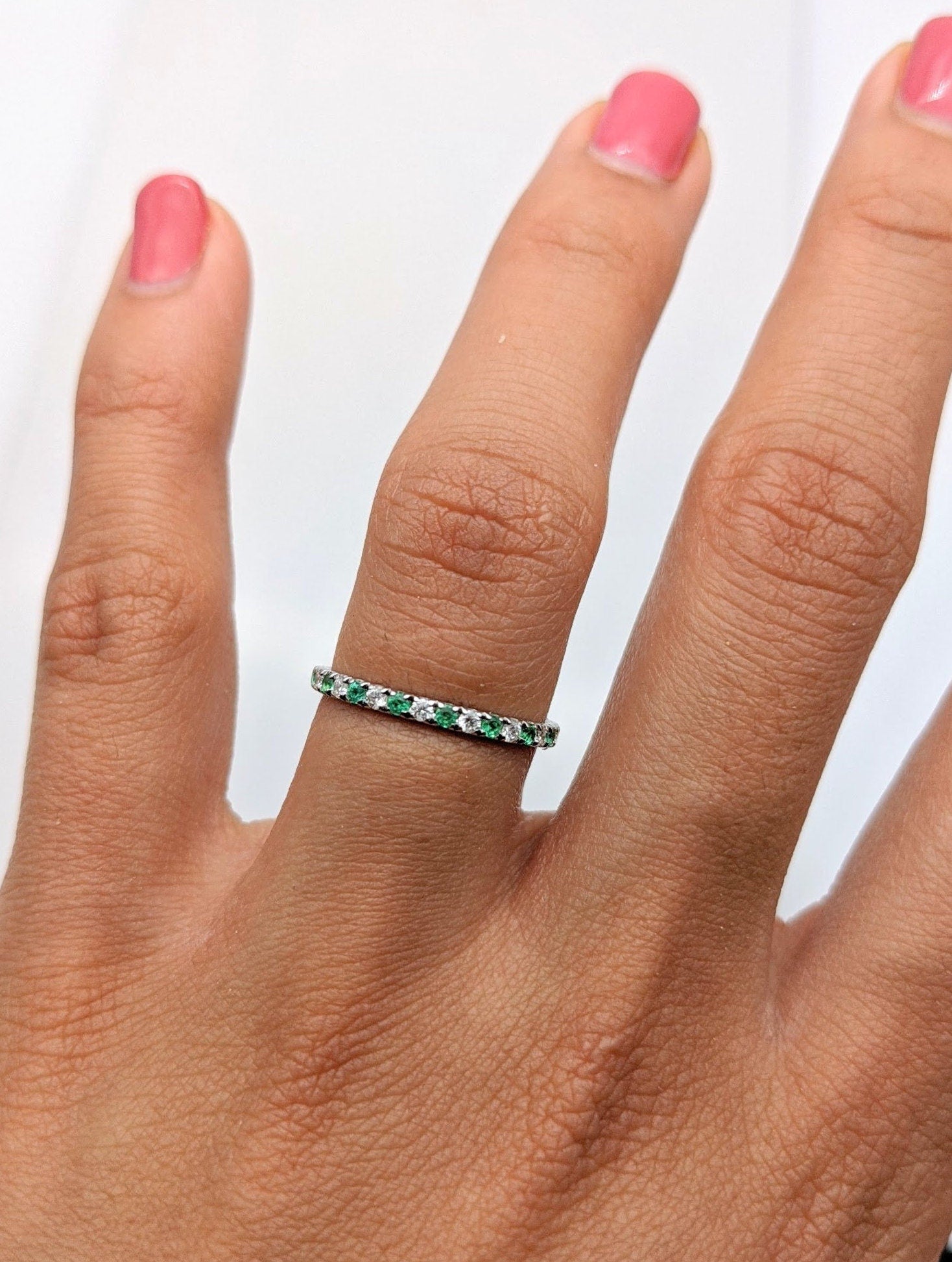 Wedding Bands-Vibrant Emerald and Diamond Band in 14K White, Yellow or Rose Solid Gold | Straight Stackable Wedding Band | May Birthstone | Sizable - NNJGemstones