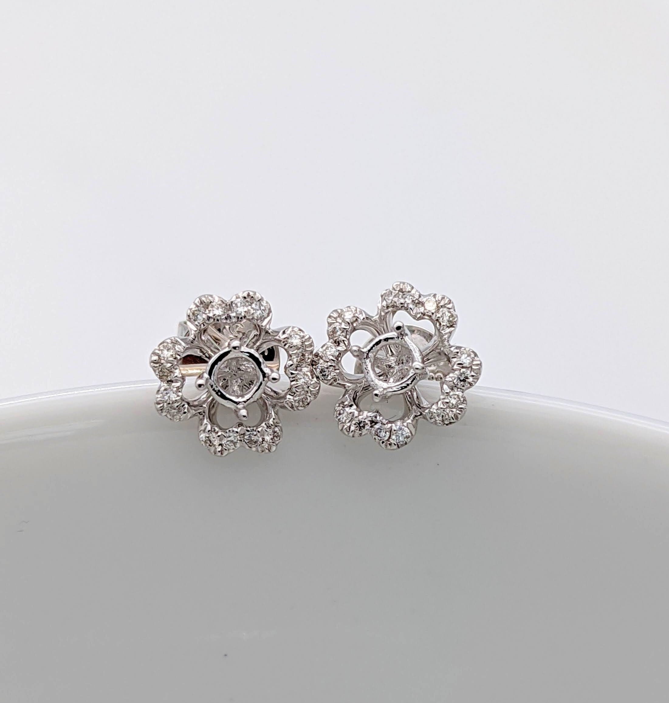 Stud Earrings-Pretty Flower Diamond Halo Stud Earring Semi Mount | Round Shape 4mm | Solid 14k Gold | Secure Push Back | Real Gold Jewelry | Customizable - NNJGemstones
