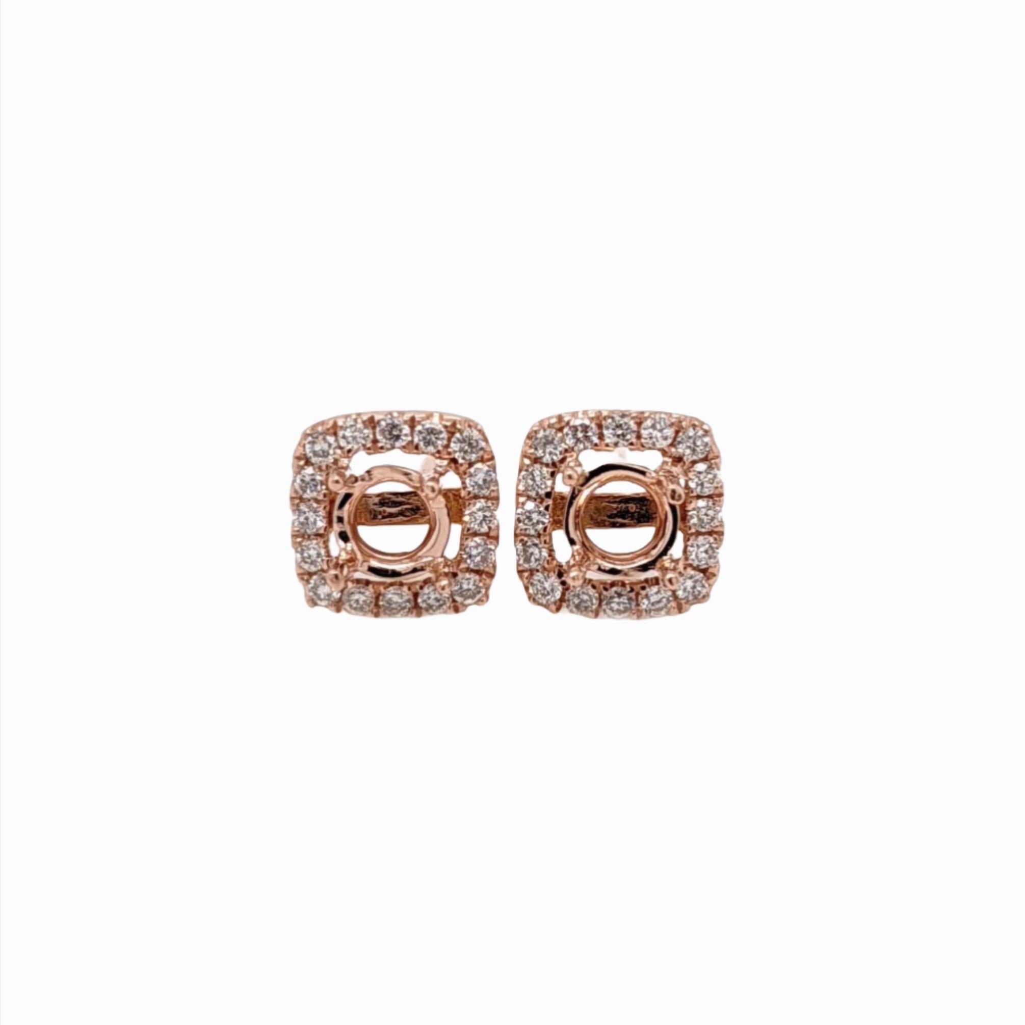 Stud Earrings-Cushion Shape Diamond Halo Stud Earring Settings in Solid 14k Gold | Round 4mm Center| Gemstone Semi-Mount | Natural Diamonds | Customizable - NNJGemstones