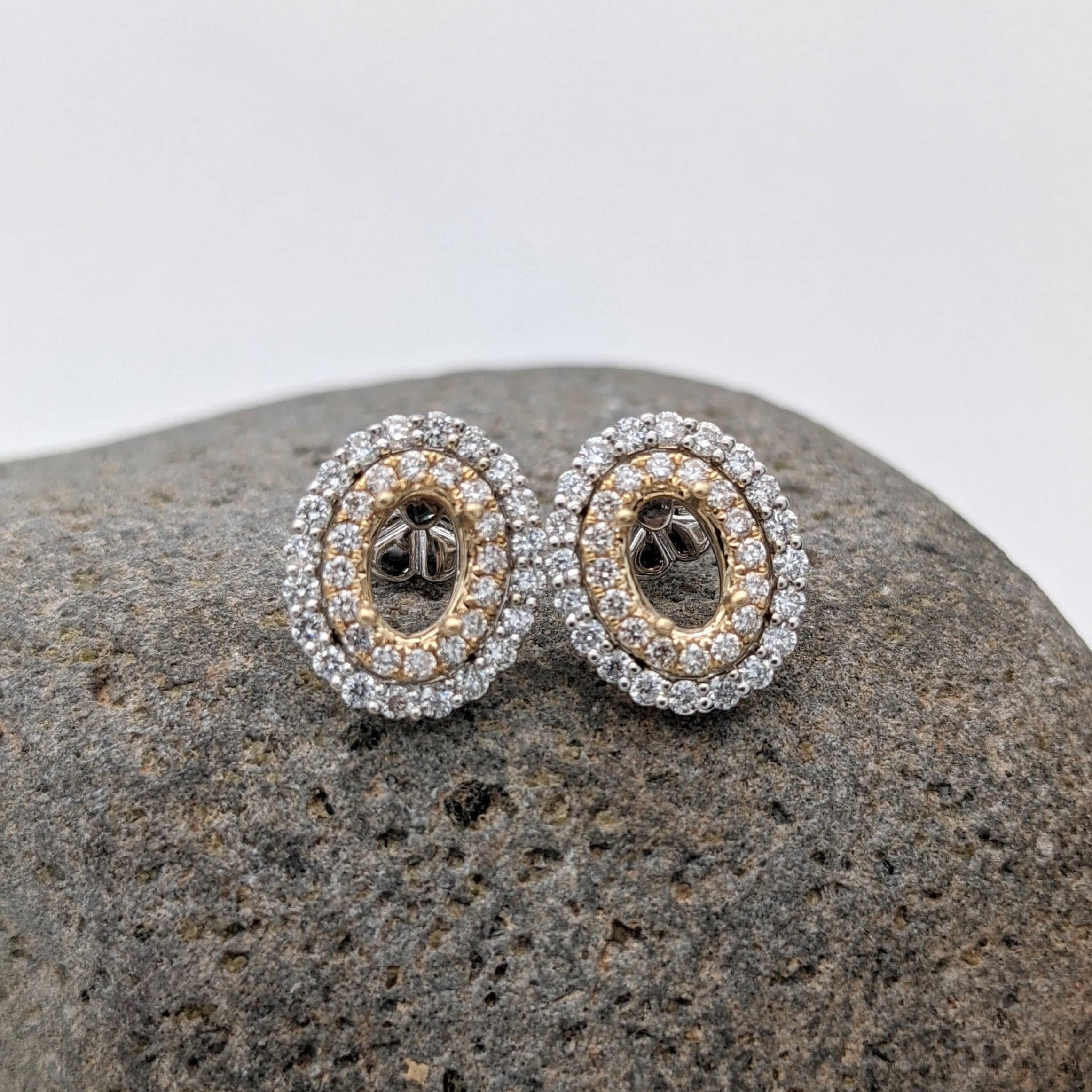 Stud Earrings-Double Halo Diamond Stud Earrings in Solid 14k Dual Tone Gold | Oval Shape 6x4mm | Natural Earth Mined Diamonds | Gemstone Setting | Custom - NNJGemstones