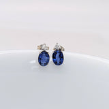 Stud Earrings-Oval Blue Sapphire Stud Earrings with 2 Diamonds with Secure Push Back 8x6mm/ September Birthstone / Sapphire Studs - NNJGemstones