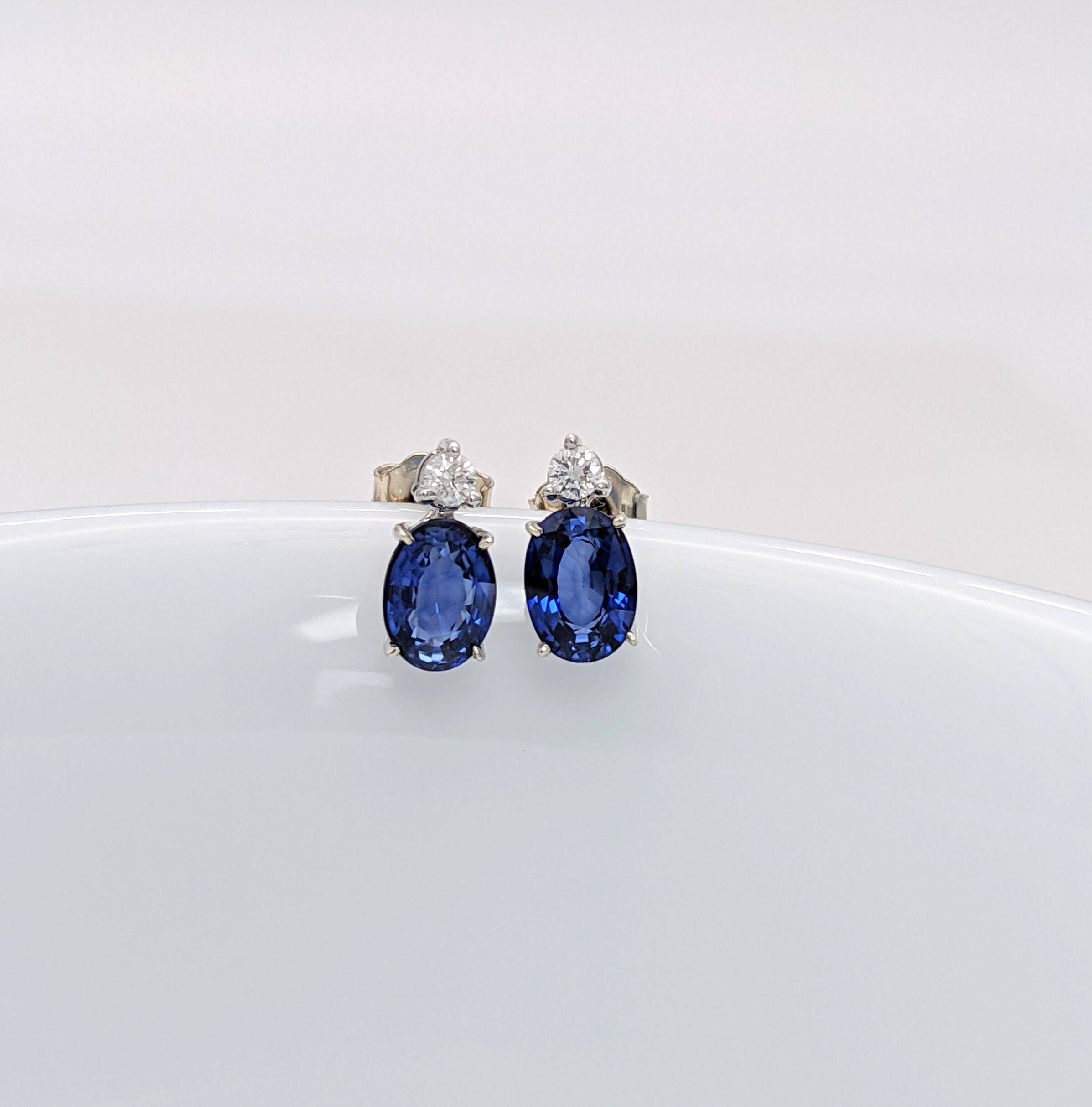 Stud Earrings-Oval Blue Sapphire Stud Earrings with 2 Diamonds with Secure Push Back 8x6mm/ September Birthstone / Sapphire Studs - NNJGemstones