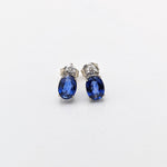 Stud Earrings-Oval Blue Sapphire Stud Earrings with 2 Diamonds with Secure Push Back 8x6mm/ September Birthstone / Sapphire Studs - NNJGemstones