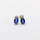 Stud Earrings-Oval Blue Sapphire Stud Earrings with 2 Diamonds with Secure Push Back 8x6mm/ September Birthstone / Sapphire Studs - NNJGemstones