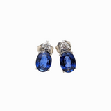 Oval Blue Sapphire Stud Earrings with 2 Diamonds with Secure Push Back