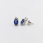 Stud Earrings-Oval Blue Sapphire Stud Earrings with 2 Diamonds with Secure Push Back 8x6mm/ September Birthstone / Sapphire Studs - NNJGemstones