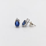 Stud Earrings-Oval Blue Sapphire Stud Earrings with 2 Diamonds with Secure Push Back 8x6mm/ September Birthstone / Sapphire Studs - NNJGemstones