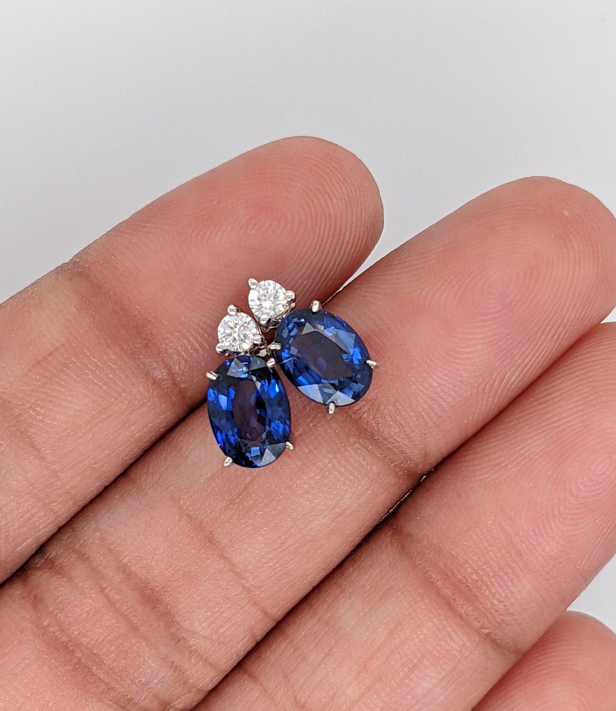 Stud Earrings-Oval Blue Sapphire Stud Earrings with 2 Diamonds with Secure Push Back 8x6mm/ September Birthstone / Sapphire Studs - NNJGemstones