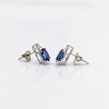 Stud Earrings-Oval Blue Sapphire Stud Earrings with 2 Diamonds with Secure Push Back 8x6mm/ September Birthstone / Sapphire Studs - NNJGemstones