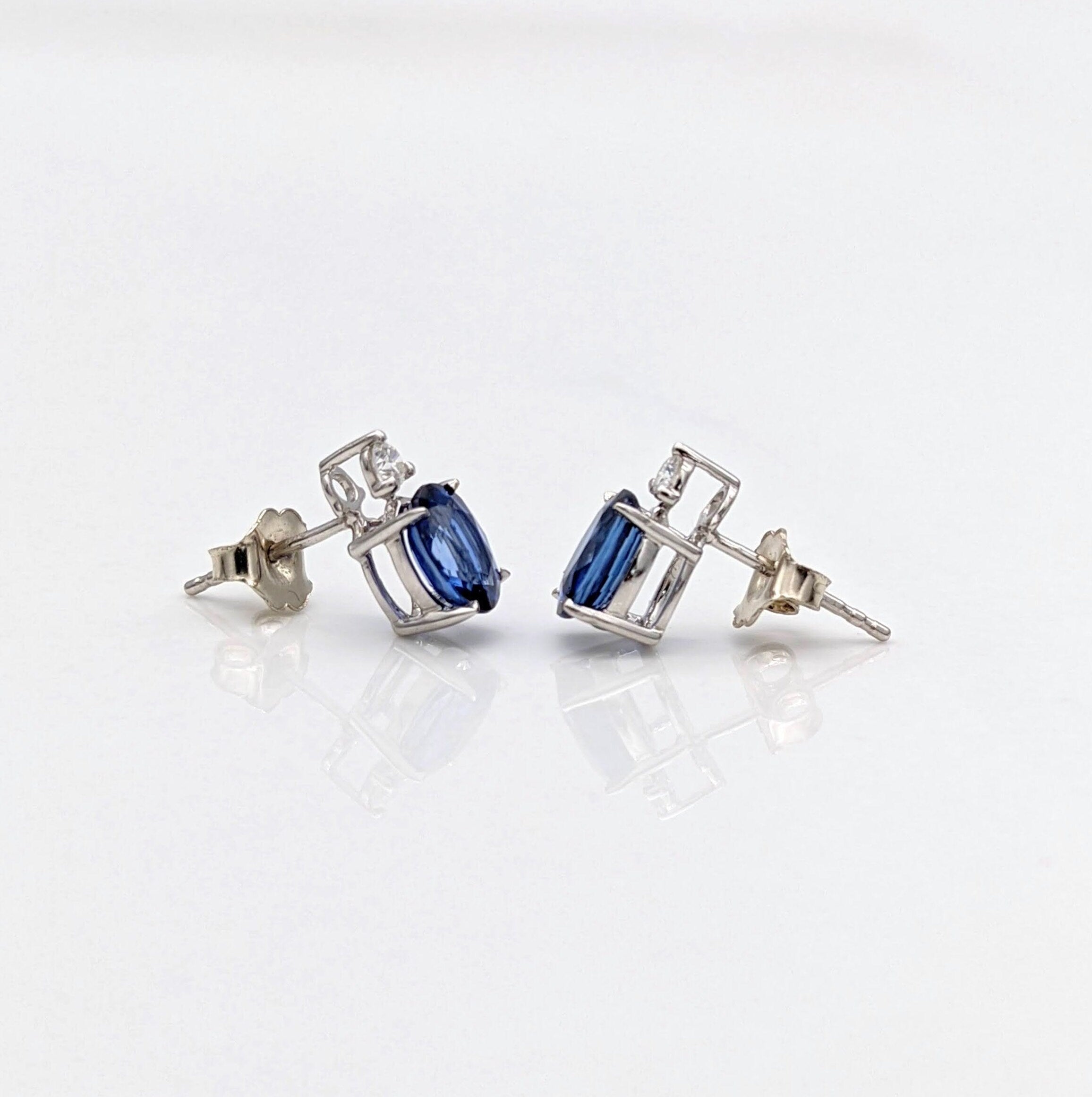 Stud Earrings-Oval Blue Sapphire Stud Earrings with 2 Diamonds with Secure Push Back 8x6mm/ September Birthstone / Sapphire Studs - NNJGemstones