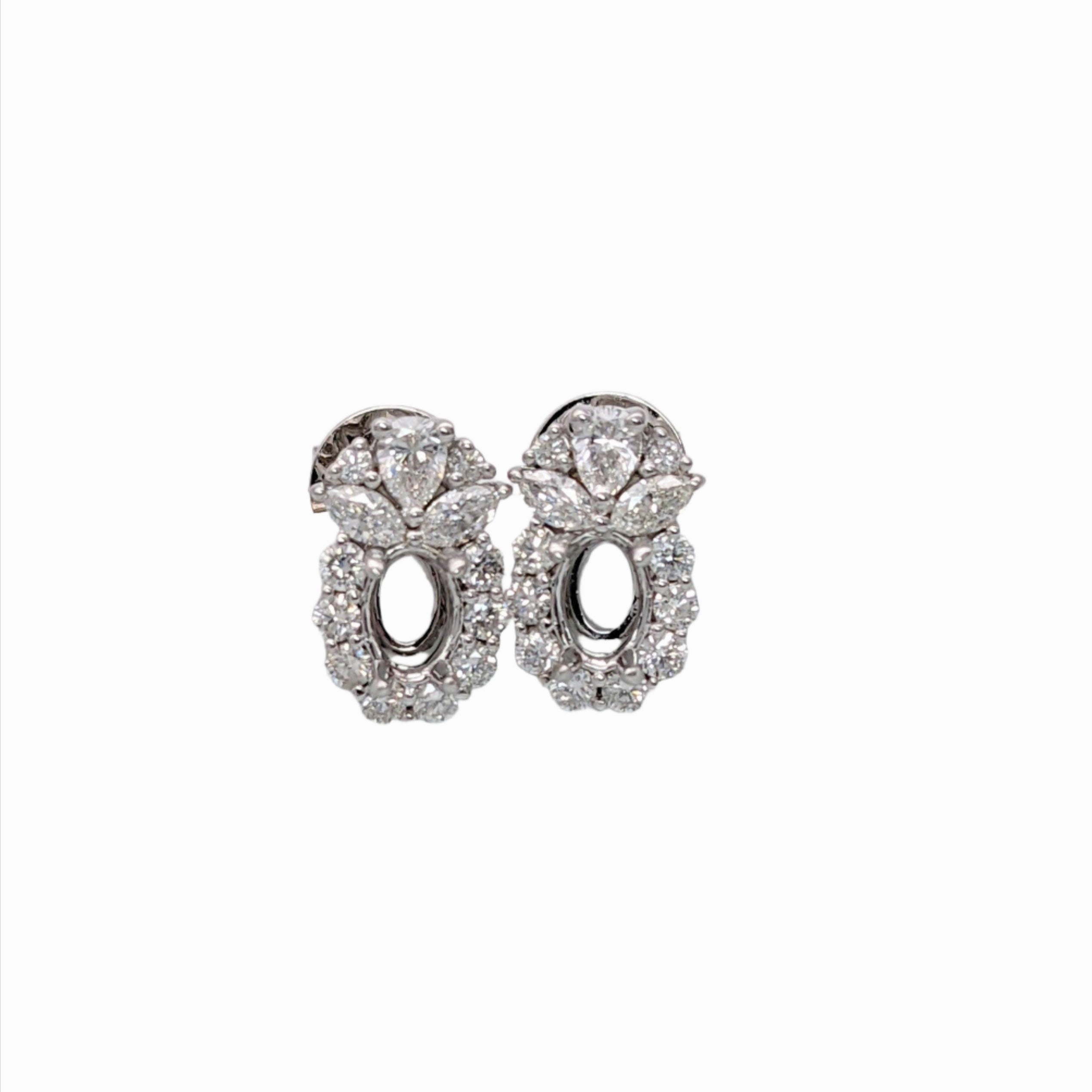 Stud Earrings-Diamond Halo Stud Earring Semi Mounts w Pear, Marquise, Round Accents in Solid 14k Gold | Oval 6x4mm | Avant Garde | Heirloom | Customizable - NNJGemstones