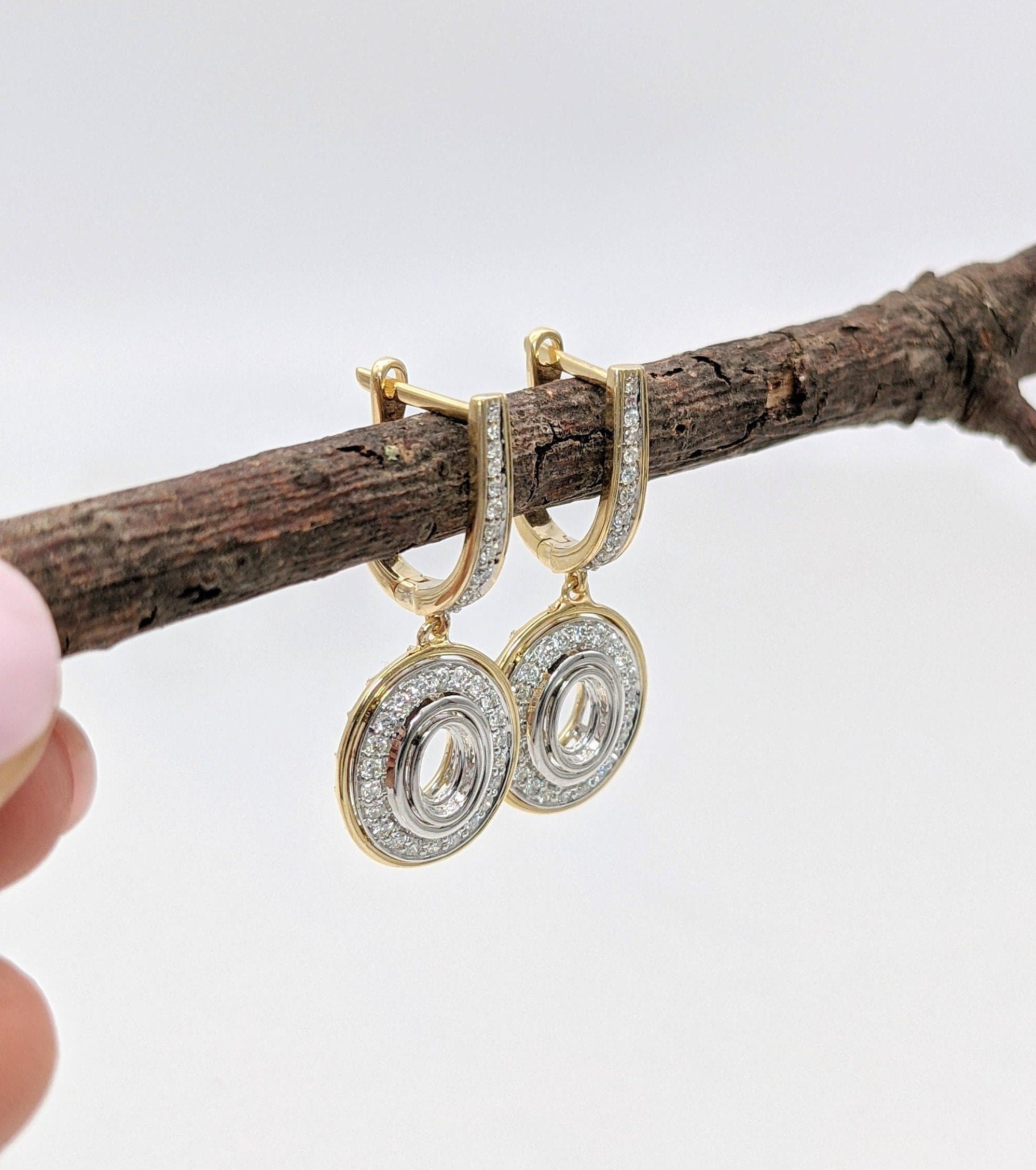 Dangle & Drop Earrings-Dangle Bezel Set Earring Semi-Mount in Solid 14k Solid or Dual Tone Gold w Diamond Accents | Oval 6x4mm | Secure Latch Back | Customizable - NNJGemstones
